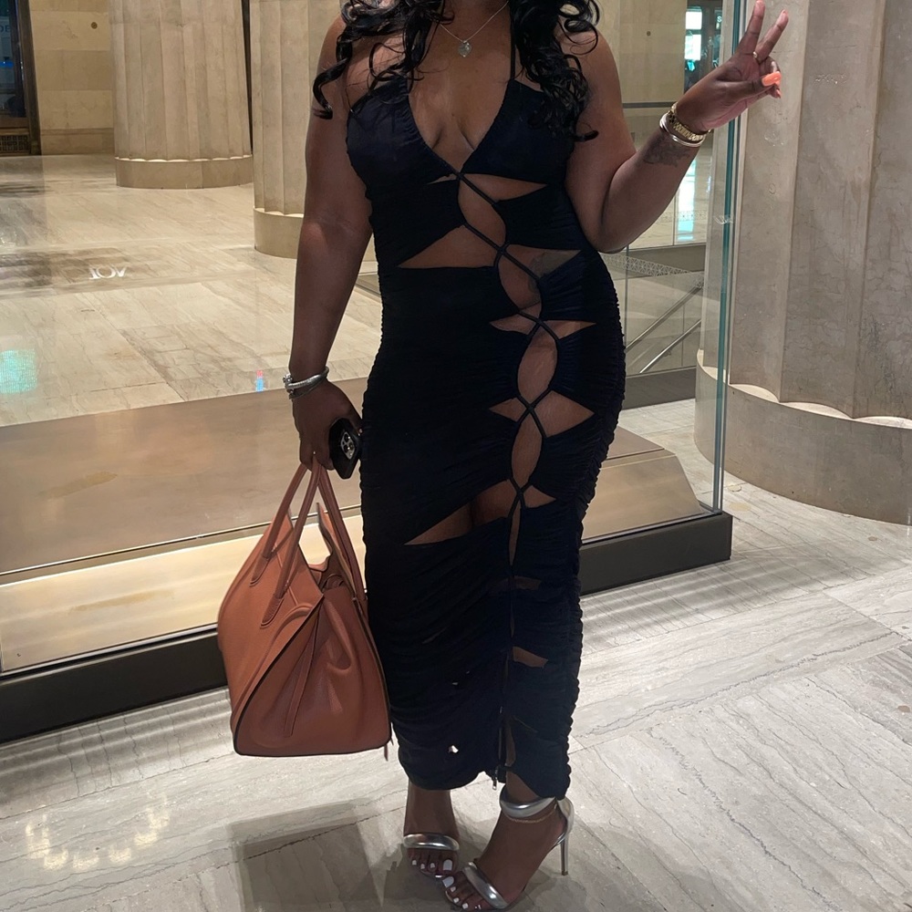 Cut out rope string long ankle sheer dress alter back